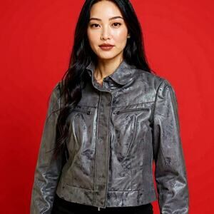 600 West Jacket Size S Vegan Leather Zip Front Moto Inspired Mock Collar